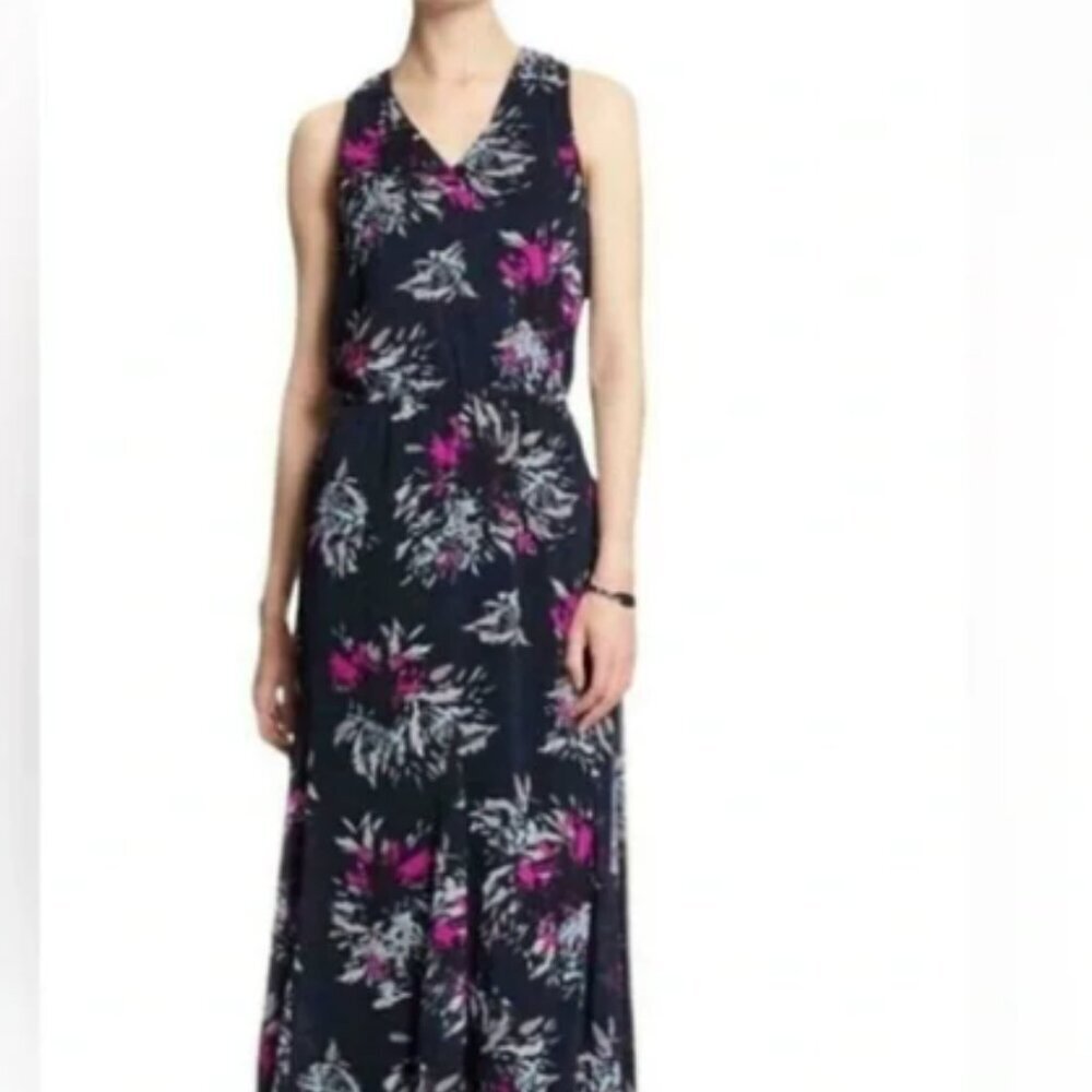 Banana Republic  Navy Floral V-Neck High-Low Sleeveless Maxi Dress Size 10